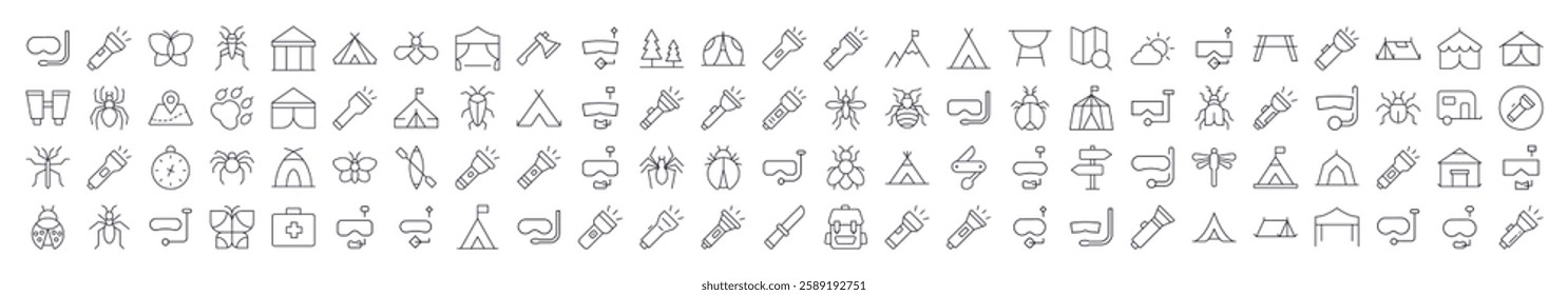 Camping Line Icon Bundle. Modern Collection for Design, Web Sites, Apps, Cards. Contains Linear Images of Flashlight, Diving Mask, Tent, Axe, Insect