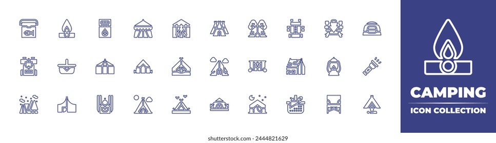 Icono de línea de camping colección. Trazo editable. Ilustración vectorial. Conteniendo tienda, linterna, camping, tienda de campaña, campamento, herramienta, mesa de picnic, mochila, fuego, edificios, cesta, linterna, pueblo.