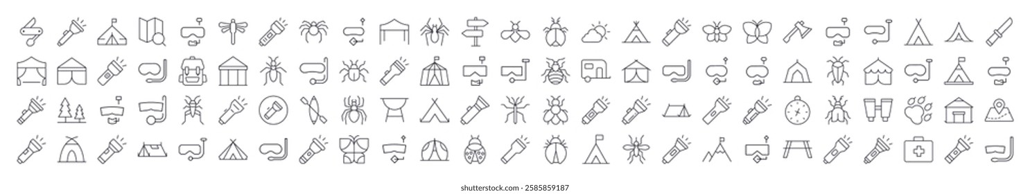 Camping Line Icon Collection. Modern Collection for Design, Web Sites, Apps, Cards. Contains Linear Images of Flashlight, Diving Mask, Tent, Axe, Insect