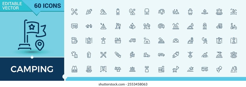 Camping line icon collections. Includes icons for fish, mountain, camper, sport, binocular, fishing, compass, tent. Vector outline icons collection.