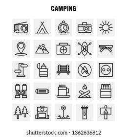 Camping Line Icon Pack For Designers And Developers. Icons Of Bench, Camping, Outdoor, Travel, Camping, Match, Outdoor, Fire, Vector
