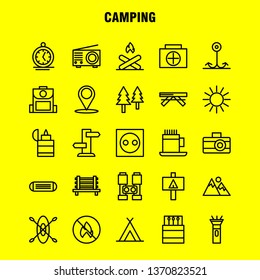 Camping Line Icon Pack For Designers And Developers. Icons Of Bench, Camping, Outdoor, Travel, Camping, Match, Outdoor, Fire, Vector