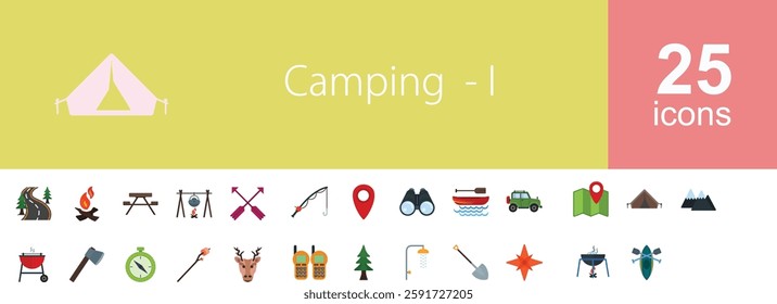 Camping line icon set. Set of 25 outline icons related to camping, tent, hiking, adventure, compass, campfire, map, tourist, backpack, nature and others. Editable stroke. Vector illustration.