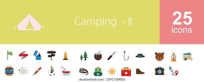 Camping line icon set. Set of 25 outline icons related to camping, tent, hiking, adventure, compass, campfire, map, tourist, backpack, nature and others. Editable stroke. Vector illustration.