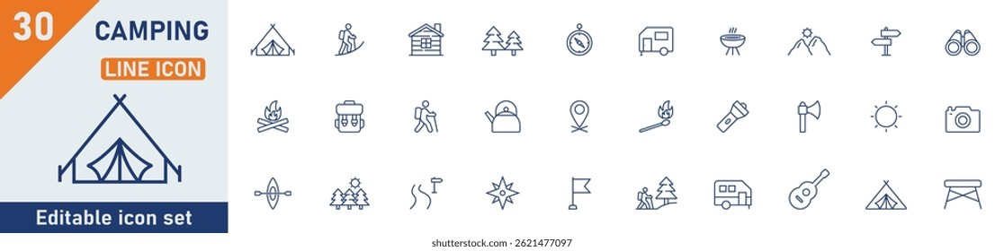 Camping line icon set. Set of 30 outline icons related to camping, tent, hiking, adventure, compass, campfire, map, tourist, backpack, nature and others. Editable stroke. Vector illustration.
