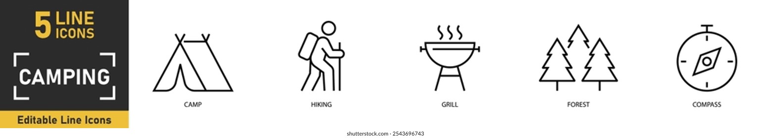 Camping line icon set. Set of 5 outline icons related to camp, hiking, grill, forest, compass and more. Vector illustration.
