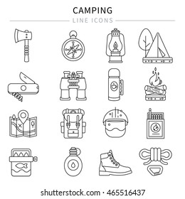 Camping line icon set with all that is necessary to man in hike vector illustration