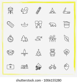 Camping line icon set backpack, tower and log