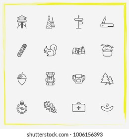 Camping line icon set backpack, tower and nut