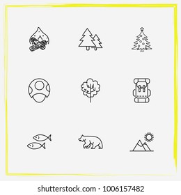 Camping line icon set backpack, fish and mountains