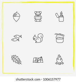 Camping line icon set backpack, bonfire and tree leaf