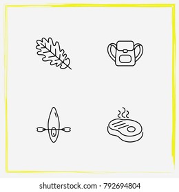 Camping line icon set backpack, steak and boat
