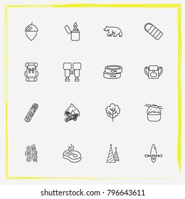 Camping line icon set backpack, bear and christmas