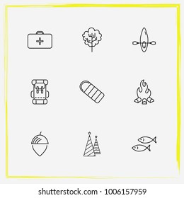 Camping line icon set bag, tree and sleeping