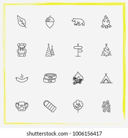 Camping line icon set bear, sign and backpack