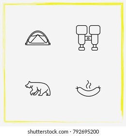 Camping line icon set bear, tent and sausage