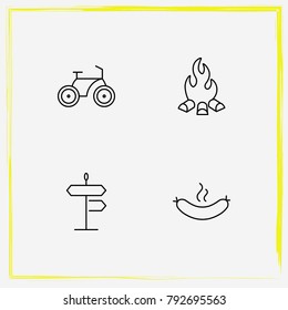 Camping line icon set bike, sausage and bonfire