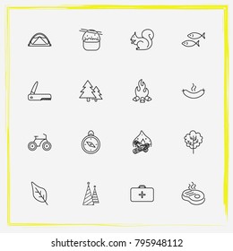 Camping line icon set bike, compass and sausage