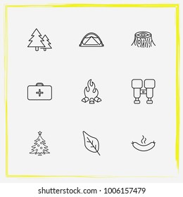 Camping line icon set binoculars, medicine and bonfire
