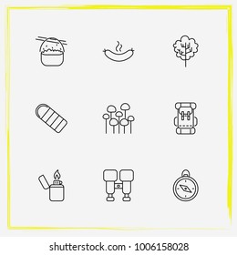 Camping line icon set binoculars, food and tree