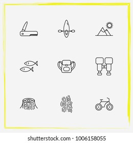 Camping line icon set binoculars, backpack and bike