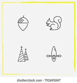 Camping line icon set boat, christmas and squirrel