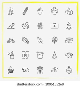 Camping line icon set bonfire, tree leaf and leaf