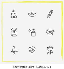 Camping line icon set bonfire, backpack and tower