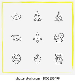 Camping line icon set bonfire, squirrel and mushroom