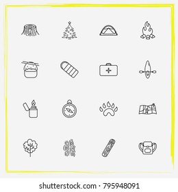 Camping line icon set bonfire, chest and christmas