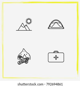 Camping line icon set chest, bonfire and mountains