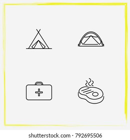 Camping line icon set chest, tent and medicine