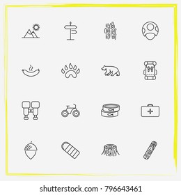 Camping line icon set chest, log and sign