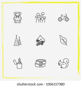 Camping line icon set christmas, bonfire and lighter