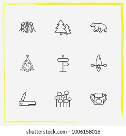 Camping line icon set christmas, mushrooms and sign