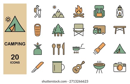Conjunto de iconos de línea de camping - Ilustración vectorial de color