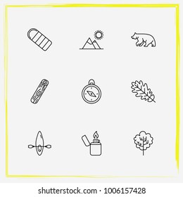 Camping line icon set compass, tree and boat
