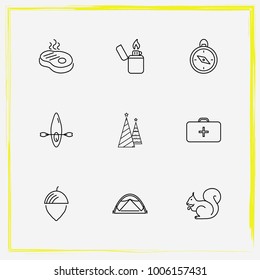 Camping line icon set compass, tent and boat