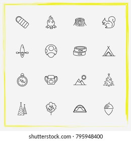 Camping line icon set conservative, stump and mountains