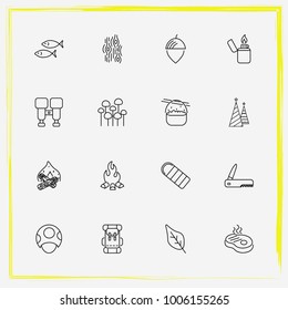 Camping line icon set cooked, steak and bonfire