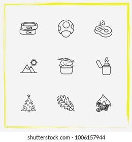 Camping line icon set cooked, bonfire and tree