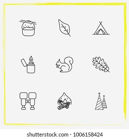 Camping line icon set cooked, tent and tree leaf