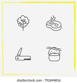 Camping line icon set cooked, knife and food