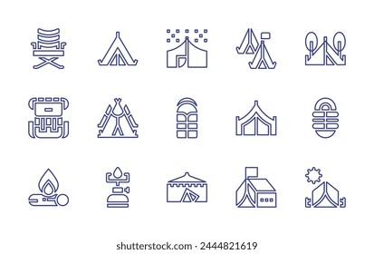 Conjunto de iconos de línea de camping. Trazo editable. Ilustración vectorial. Conteniendo la tienda, hoguera, saco de dormir, tienda de campaña, gas de camping, campo de refugiados, silla de camping, campamento, mochila, pueblo, tienda de jaima.