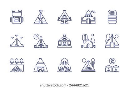 Conjunto de iconos de línea de camping. Trazo editable. Ilustración vectorial. Conteniendo mochila, camping, tienda de campaña, campamento, campamento de refugiados, tienda, saco de dormir, tipi.