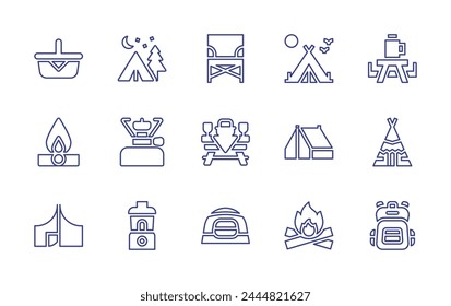 Conjunto de iconos de línea de camping. Trazo editable. Ilustración vectorial. Conteniendo tienda, luz, hoguera, gas de camping, tienda de camping, camping, herramienta, mesa de picnic, fuego, edificios, cesta, mochila, tipi.