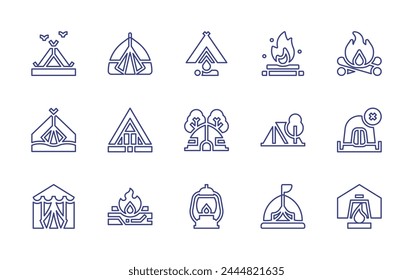 Conjunto de iconos de línea de camping. Trazo editable. Ilustración vectorial. Contiene linterna, hoguera, camping, tienda de campaña, campamento, sin camping, tienda.