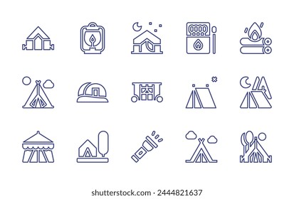 Conjunto de iconos de línea de camping. Trazo editable. Ilustración vectorial. Conteniendo tienda, tienda de campaña, camping, campamento, sin camping, hoguera, linterna, fósforos, lámpara de aceite, coche.