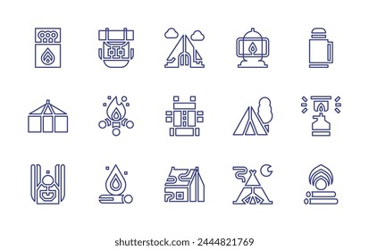 Conjunto de iconos de línea de camping. Trazo editable. Ilustración vectorial. Contiene camping, tienda, mochila, luz, hoguera, fogata, lámpara de fuego, fósforos, termos.