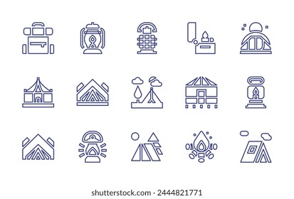 Conjunto de iconos de línea de camping. Trazo editable. Ilustración vectorial. Conteniendo mochila, campamento, camping, tienda de campaña, hoguera, tienda, yurta, lámpara de aceite, encendedor.